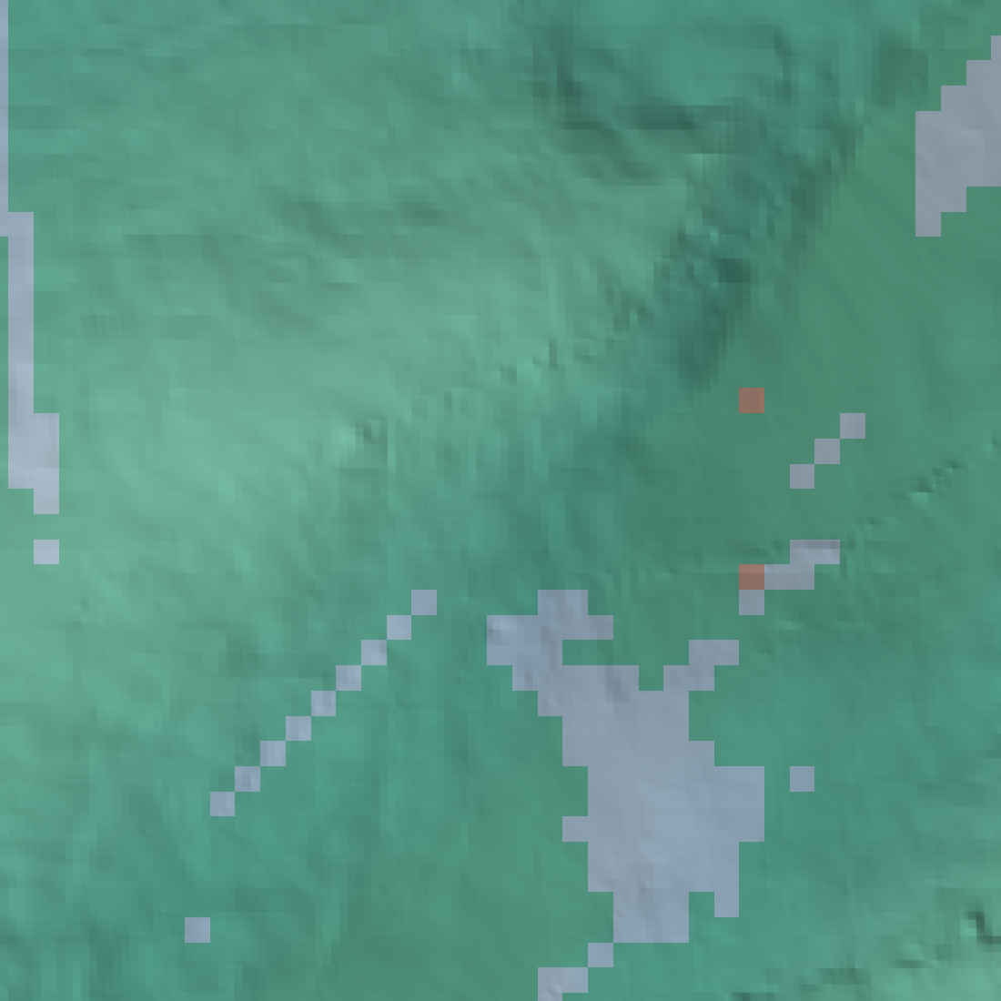 Plan (top-down) view of the same seabed area, coloured by the same suitability classification