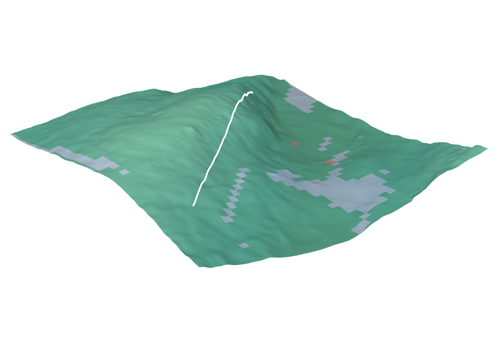 Perspective view of a real North Aegean seabed area, coloured by where terrain-aided navigation is suitable, uncertain, or at risk of a wrong fix